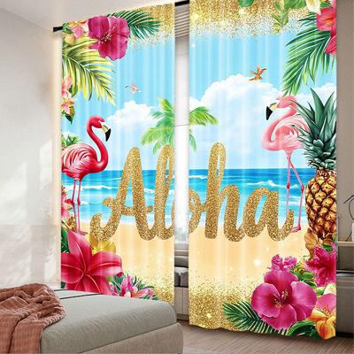 Curtain Hawaiian Party Decorations Tropical Palm Leaves Flower Beach Suitable Living Room Bedroom Many Other Set Of 2 Made Polyester Washable Ready