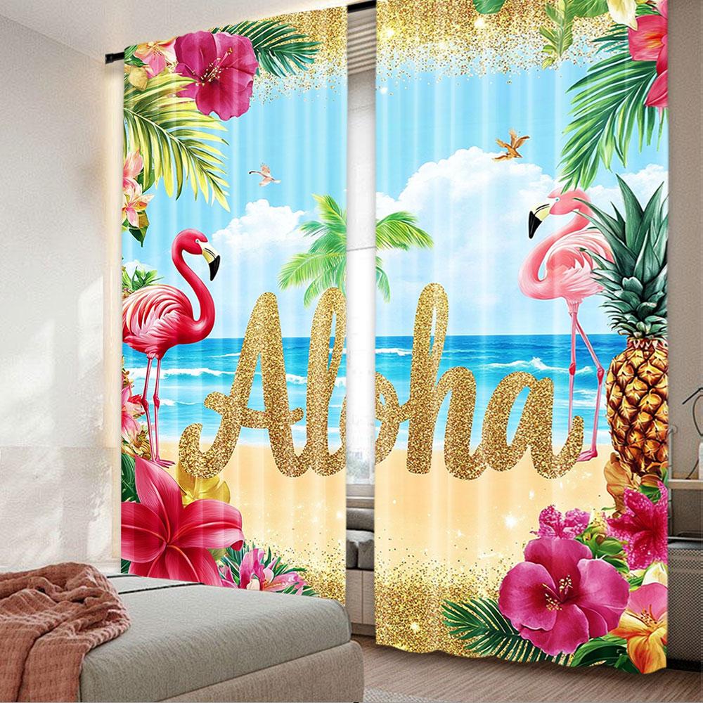 

2Pcs Curtain Hawaiian For Party Decorations Tropical Palm Leaves Flower Beach Suitable For Living Room Bedroom And Many Other 29x65in(75x166cm)