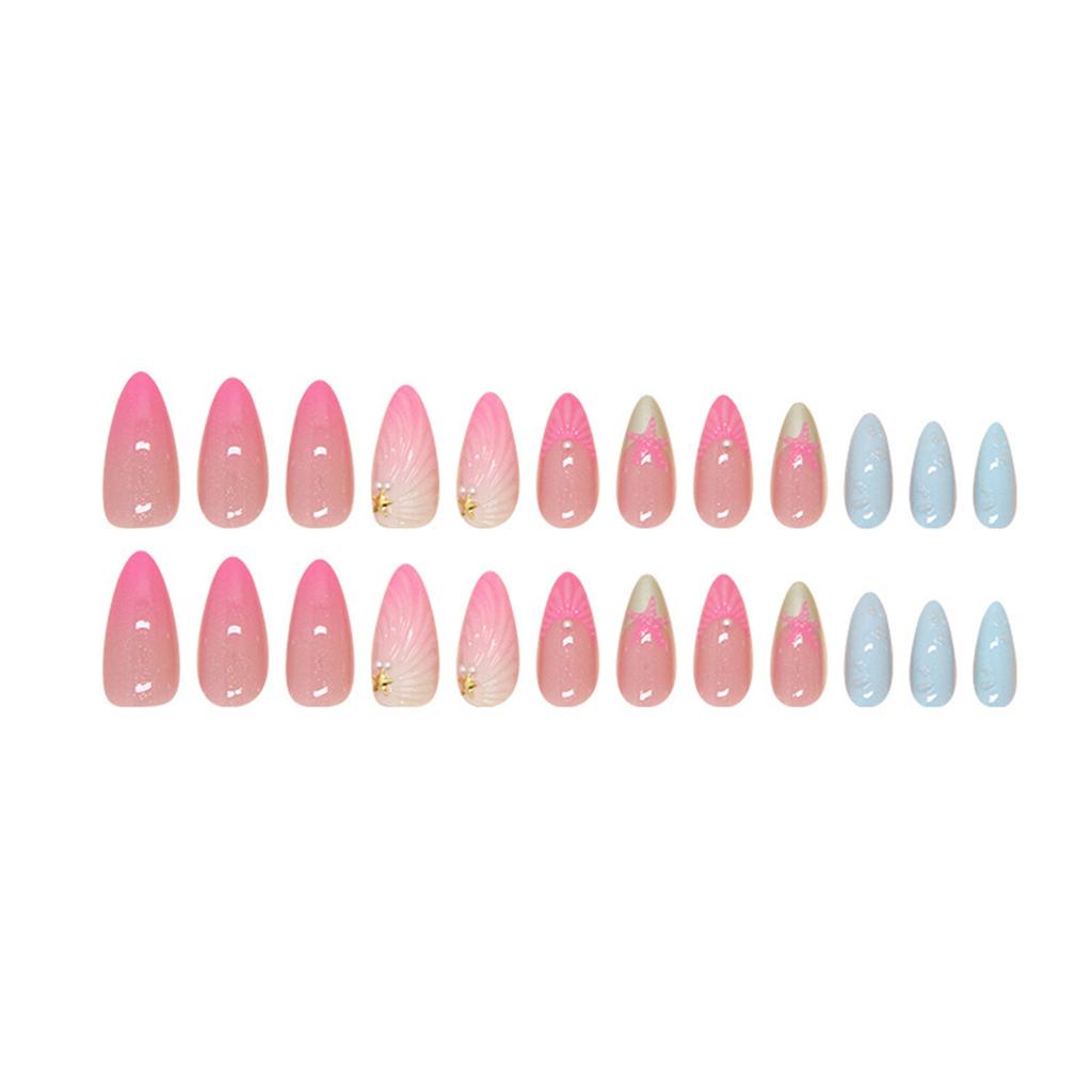 Almond Shape Short Press on Nails With Sea Star Pattern Short Sweet Stick on Nails for Stage Performance Wear
