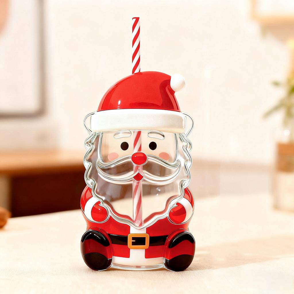 Christmas Bear Glass Jar Cute Transparent Cold Cup with Straw Reusable Water Bottle Milk Beverage Tumbler for Holiday Party