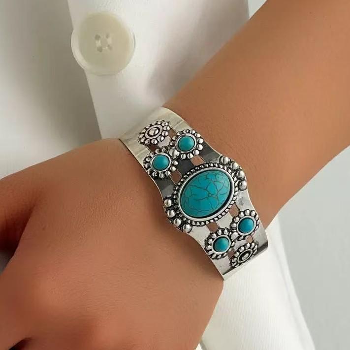 Turquoise Retro Court Style Open Bangle for Women, Japanese and Korean INS Inspired, Chic Niche Design