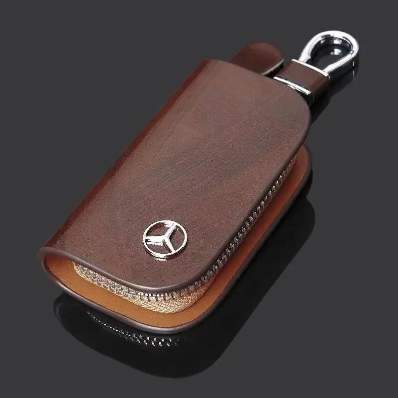 

Car Sticker Leather Car Key Case Wood Grain Car Key Cover Key Wallet for Mercedes Benz New B/C/E Class A Class C200L GLC GLK New коричневий