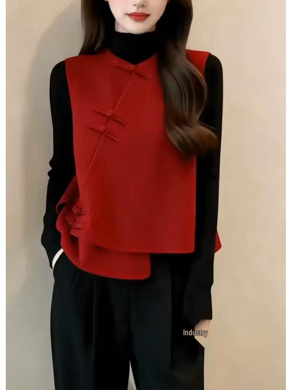 2026 Chinese Style Women s Frog Button Vest - High Collar Plain Shirt XL