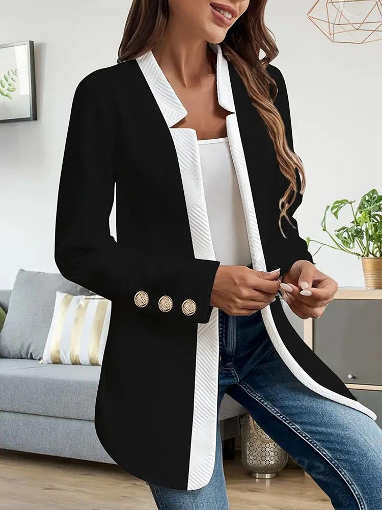 

Осень Зима Новая Мода Цветной Блок Золотые Запонки Куртка Однотонная Длинный Рукав Кардиган Блейзер 2XL чёрный