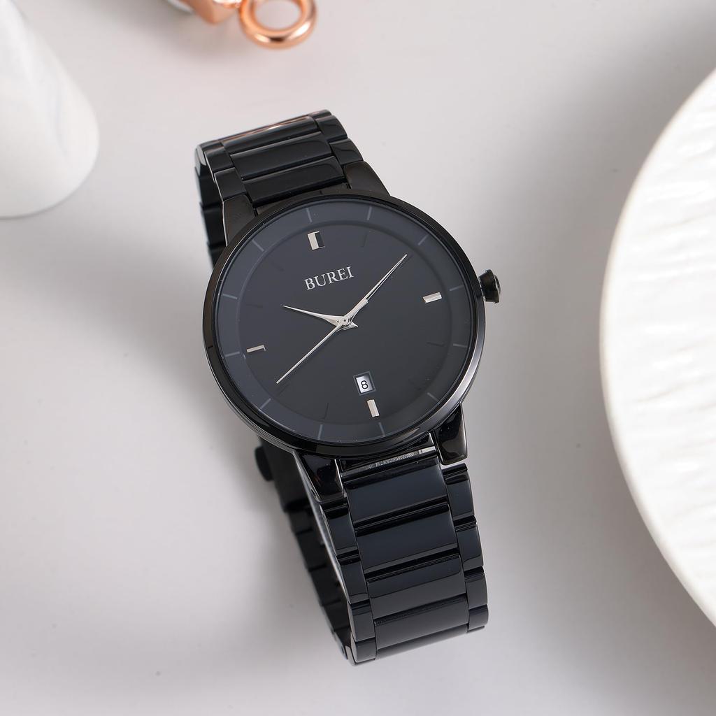 [BUREI] Men's Analog Quartz Watch, Simple, Stylish, Date Display, Waterproof, Stainless Steel Band, Large Dial, Black, Popular, Fashionable, Gentleman