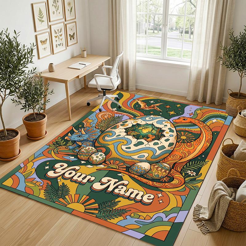 Dinosaur Theme Crystal Velvet Rug Personalized Custom Name Text Soft Floor Mat Home Decor