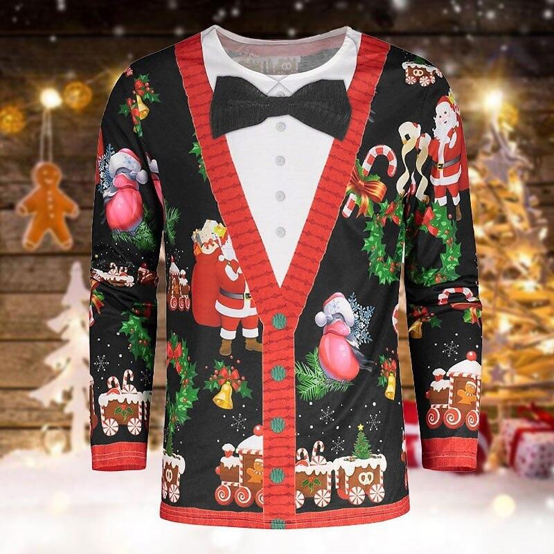 New Men's Long Sleeved Round Neck T-shirtr Autumn Winter Christmas 3D Digital Printed Christmas Tree T-shirt