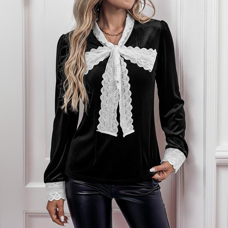 Camicia di Velluto a Maniche Lunghe con Fiocco, Collo in Pizzo Patchwork Retrò per Donna in Autunno e Inverno