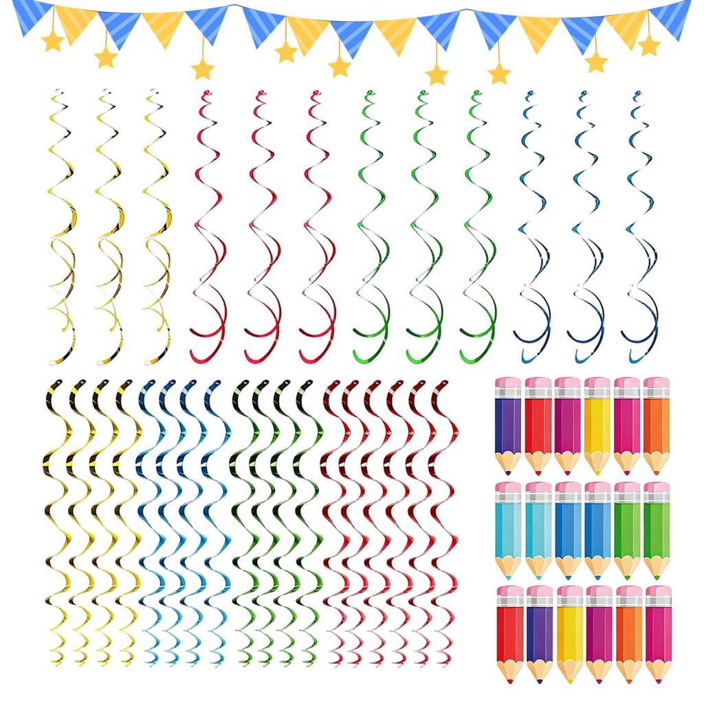 48pcs Colourful Paper Pencil Streamers Pvc Spiral Decoration Spiral Banner Party Ceiling Hanging Ornaments For School Home Kid
