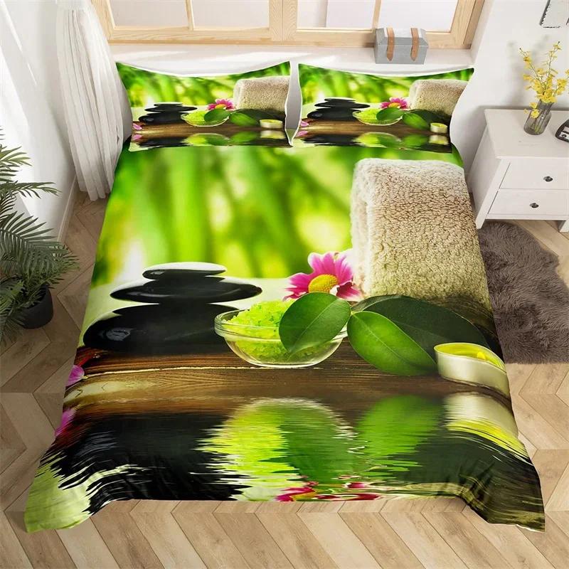 Zen Stones Duvet Cover Bamboo Phalaenopsis Bedding Set Meditation Quilt Cover Microfiber Tranquil Nature Artwork Bedspread Cover