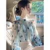New Unique Fashionable Women Casual French Shirt High-end Blue Printed Turtleneck Top