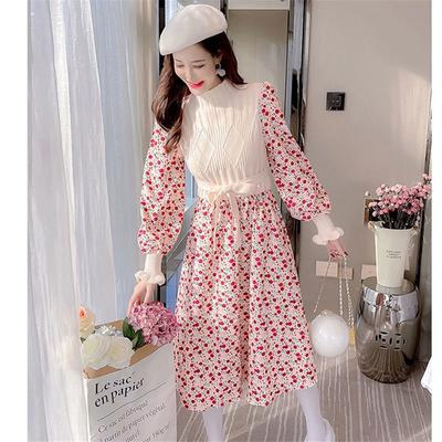 Vestidos de suéter de otoño para mujer, vestido de punto ajustado con vendaje y empalme de invierno, vestido de pana dulce con estampado floral
