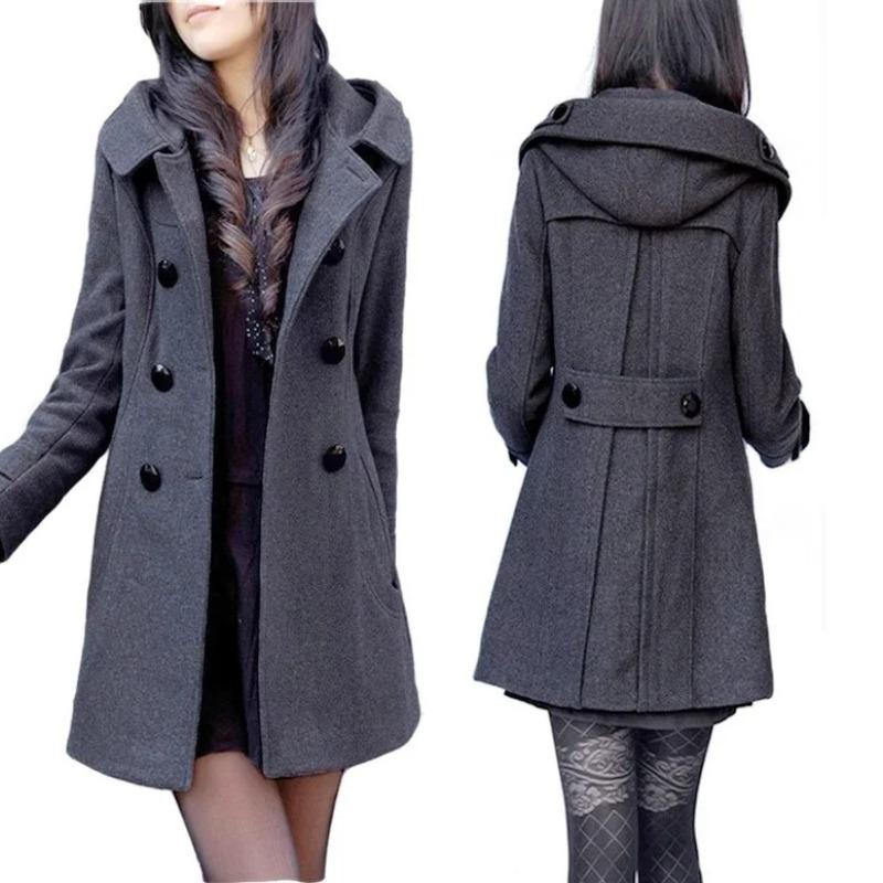Fashion Winter Warm Mid-length Woolen Coat Women's Fall Winter Long Sleeve Jacket Hood Double-breasted Outerwear