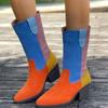 Fashion Multi-color Spliced Pointed-toe Suede Sleeve Soft Sole Non-slip Wear-resistant Square Heel Mid-barrel Single Shoe