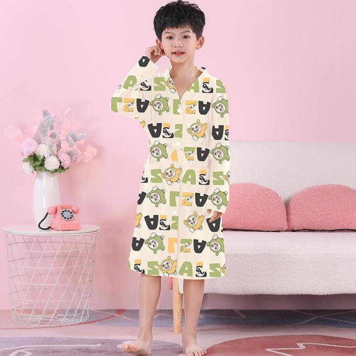 Girls' Combed Cotton Long-Sleeve Pajama Robe - Spring/Summer Bathrobe for Kids, Cute Sleepwear for Middle and Big Girls