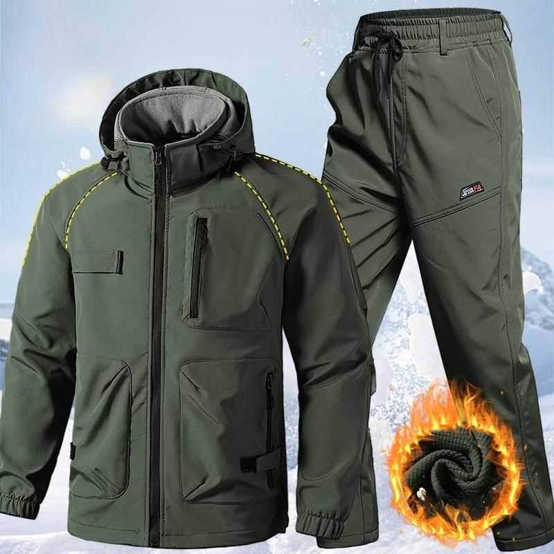 

Autumn and Winter Jacket Suit Men s Plus Velvet Thickened Windproof and Waterproof Warm Outdoor Casual Wear 4XL зелений