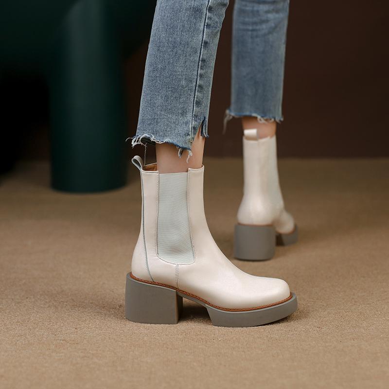 Qirui shoes Thick-soled Chelsea boots, leather inside and outside, simple and elegant