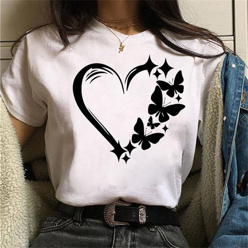 Women's Fashion T-shirt Short Sleeve Summer Cute Love Heart Print Casual Tee Tops