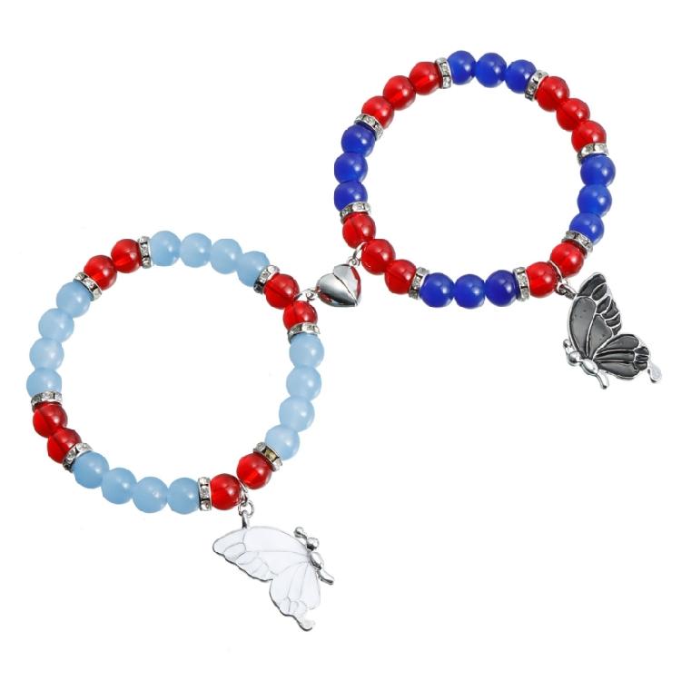 2Pieces Elegant Crystal Bead Bracelet Magnetic Clasp Handchain for Couples Adjustable Matching Wristbands Accessory