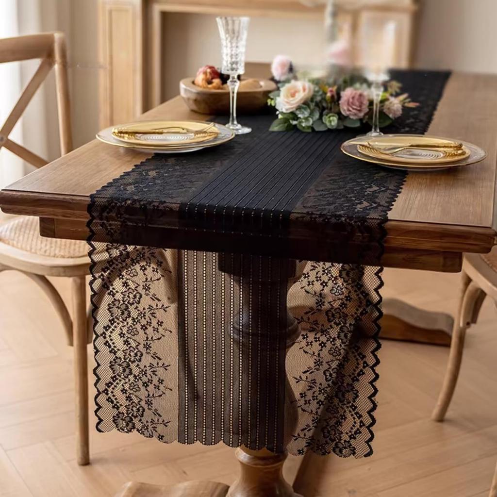 Lace Table Runners Rustic Boho Cloth Vintage Romantic Lace Tablecloth Striped and Floral Design for Wedding Kitchen Party Decor