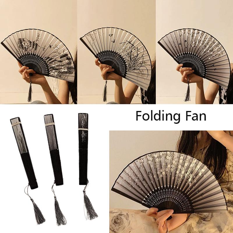 Weiblicher antiker Tanz-Fächer, faltbar, neuer chinesischer Stil, chinesische Kleidung, antiker Stil, Handgepäck, Schwarz