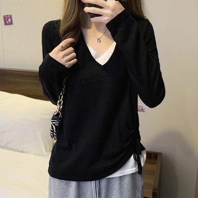 Übergröße Dickes Mädchen Fake Zweiteiler V-Ausschnitt Oberteil für Damen mit Schlankmachendem Inneren Langarm-Basisshirt-Design Langarm Strickpullover