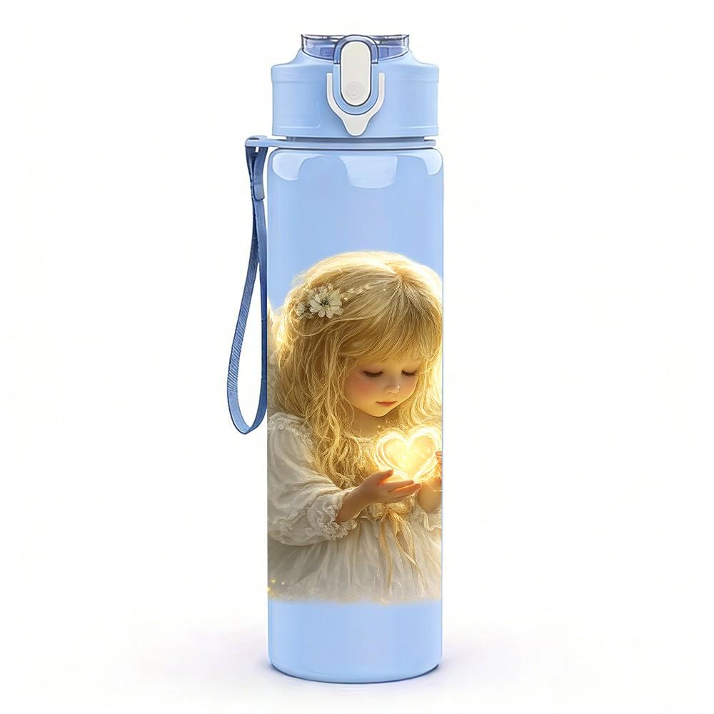 1PC Little Angel White Wing Art Print 750ml Color Plastic Sports Water Bottle Leakproof Flip Straw Lid Suitable for Sports Office Home Use