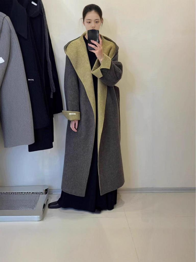 Extra langer Kapuzenmantel aus Wolle-Kaschmir für große Frauen - 2025 Herbst/Winter Koreanischer Stil