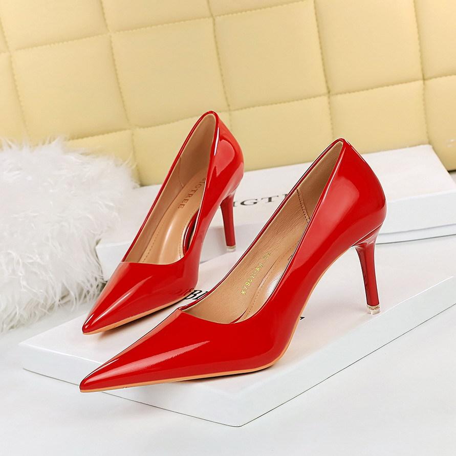 fashion Patent Leather Women Pumps High Heels Pointed Solid Color Party Stilettos Fashion Wedding Bridal Party Simple Red Fashion 9511-6