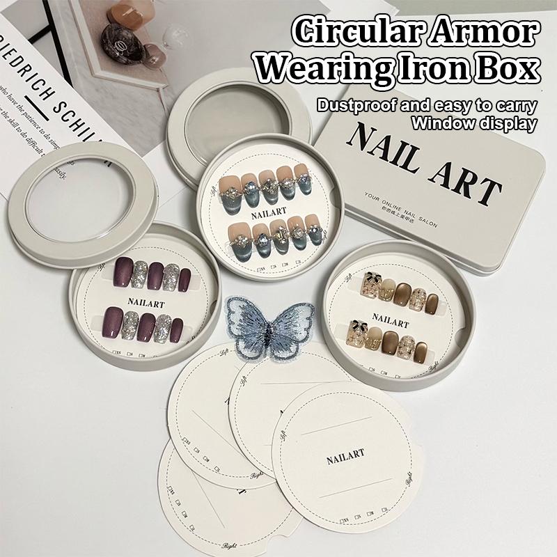 False Nail Press On Wearing Circular Iron Display Box With Display Card Nail Packing Box For Fake Nails Finished Product