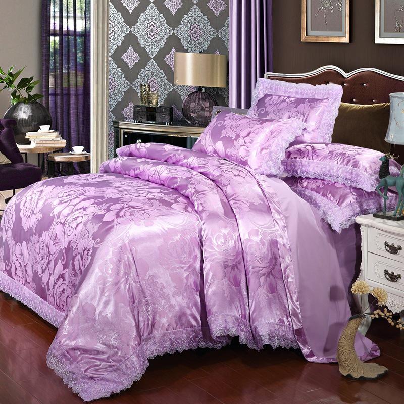 European Satin Jacquard Bedding Set - Lace-Trimmed, 4-Piece Set
