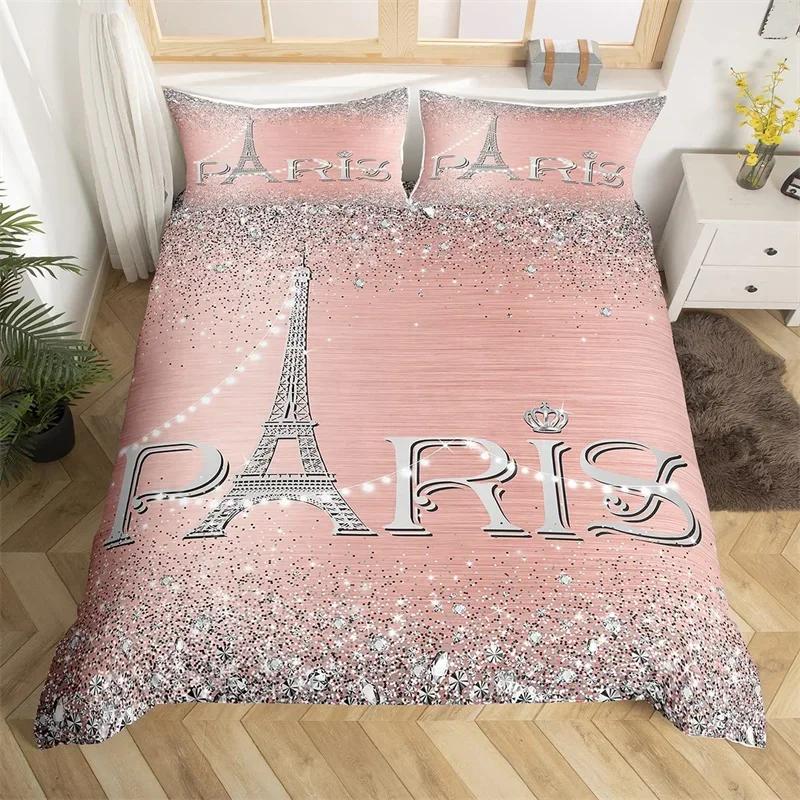 Eiffel Tower Duvet Cover Set Single Twin King For Kids Girl Teen Room Paris Bedding Set Microfiber Gradient Diamond Quilt Cover
