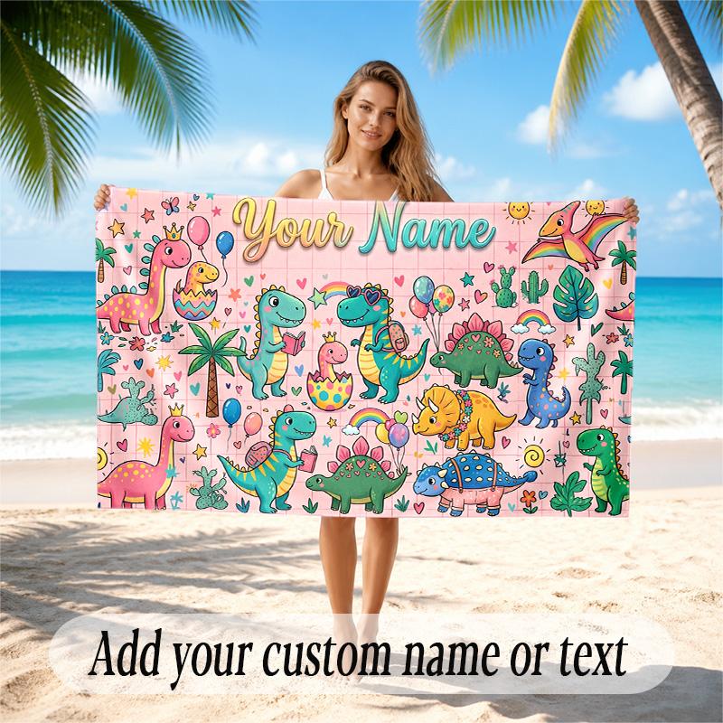 Dinosaur Theme Quick Dry Beach Towel Custom Name Text Print Large Sand Resistant Towel Beach Vacation