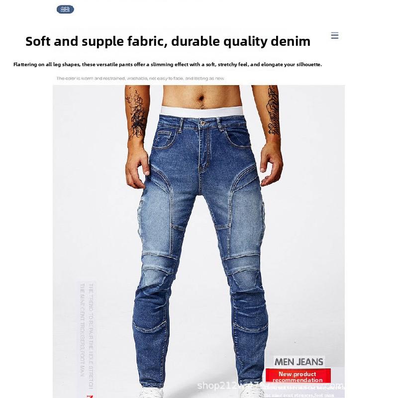 Jeans in stile motociclista da uomo, moda street europea, jeans skinny elasticizzati slim-fit, jeans dritti da uomo