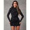 Women's Floral Long Sleeve Ruched Mini Dress Mock Neck Backless Bodycon Dresses