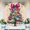 Colorful Christmas Tree Print Round Wooden Hanging Plaque Farmhouse Wall Art Decor for Festive Home Entrance Holiday Party Interior Ornaments