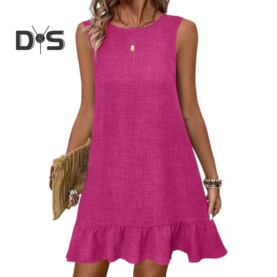 

Летний сарафан с оборками и подолом, свободный, без рукавов, с круглым вырезом, однотонное мини-платье А-силуэта для пляжных свиданий и отпуска XL розы красного