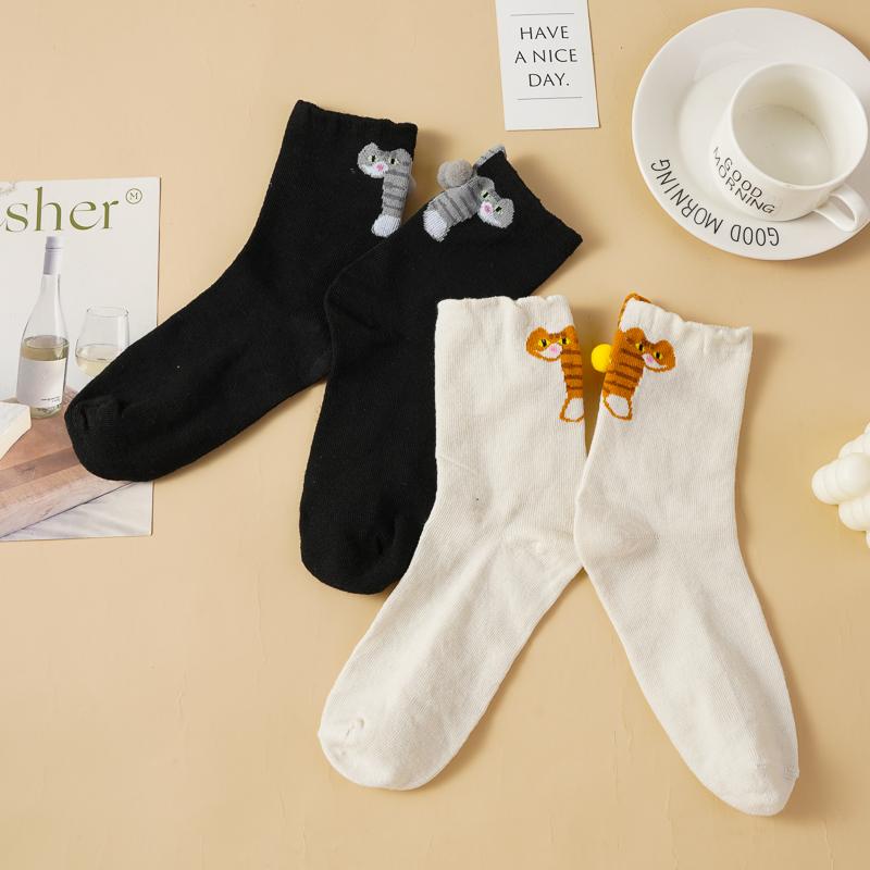 2/10 Pares Meias de Gato Tridimensionais Ovos de Gato Meias Macias Respiráveis Abstratas Engraçadas Fofas de Comprimento Médio