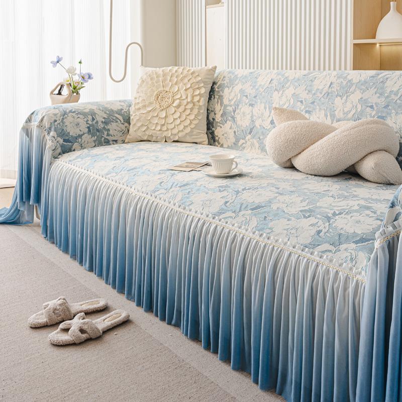 Universal Chenille Sofa Cover French Ruffled Edge Creamy Aesthetic Flower Pattern Anti-Slip Gradient Couch Cushion Mat