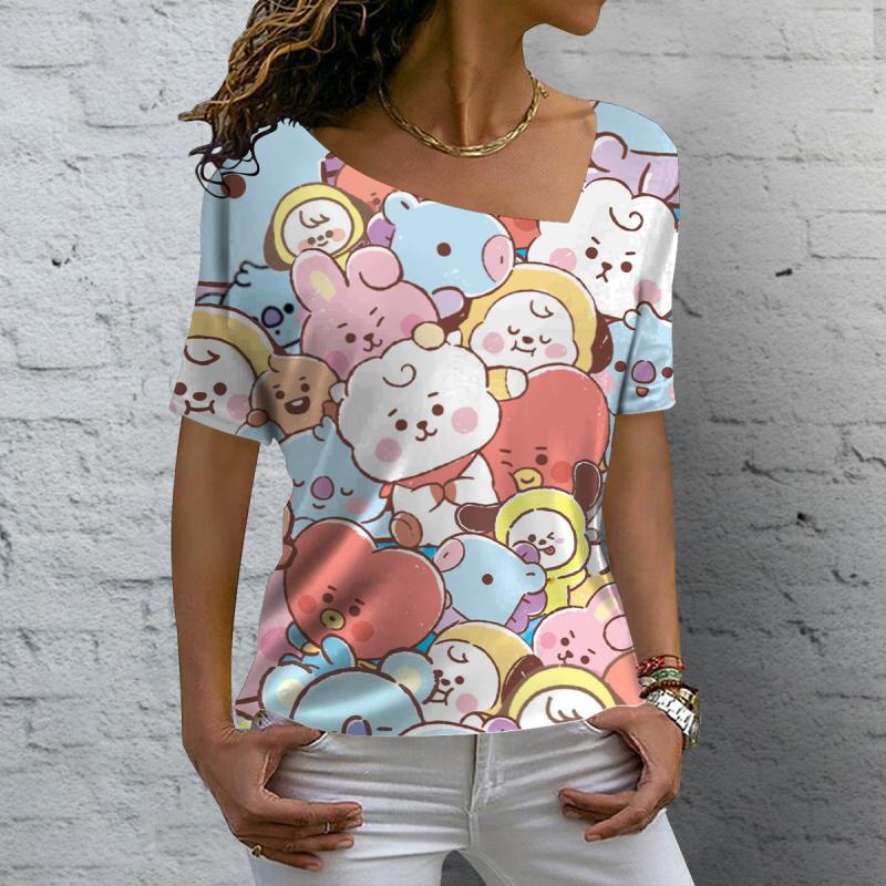 Dámská trička s výstřihem do V, roztomilými kočkami, potiskem, krátkým rukávem, letní kawaii módní ležérní trička, streetwear, dámské oblečení