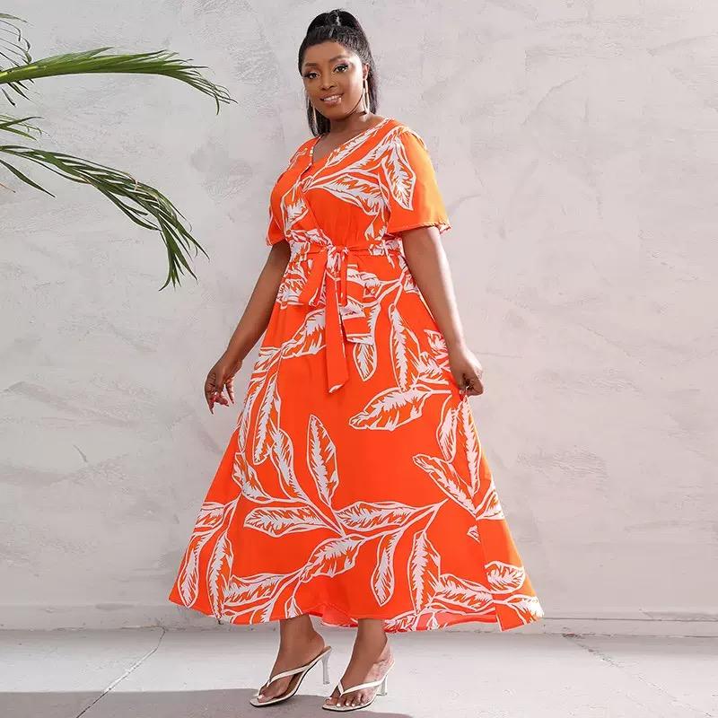 Plus Size V Neck Floral Print Boho Dress Women Summer Short Sleeve Maxi Dresses Holiday A-line Female Belted Dress