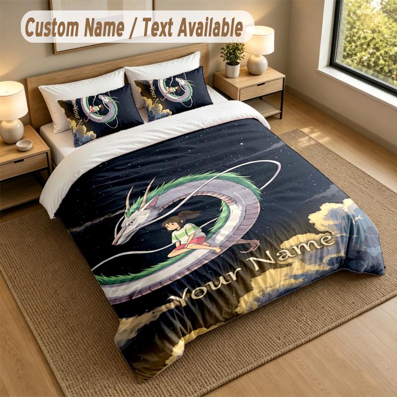 3Pcs Bedding Set Custom Name Text, 1 Sheet 2 Pillowcases Home Bed DecorSpirited Away