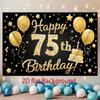 Black Golden 75th Birthday Party Banner, Balloon Star Polyester Backdrop for Home Wall