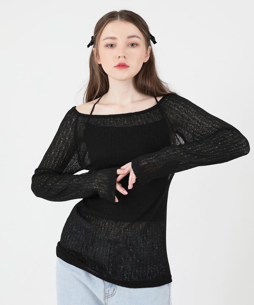 CATTLINE See-Through Back Slit Long Sleeve Knit (Black)