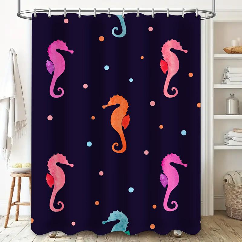 Seaside Octopus Shower Curtain Bath Decoration Fabric Watercolor Print Purple Blue Green Plaid Design Waterproof Bathroom Liner