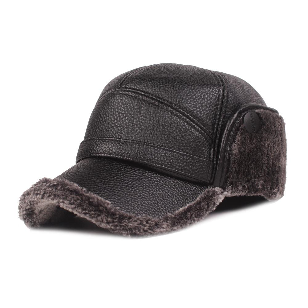 Middle-Aged and Elderly Baseball Cap Men's PU Cap Winter Warm Cycling Cap Old Velvet Ear Protection Cap