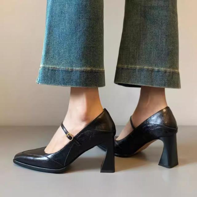 Leather French Single Shoes Women's Spring and Autumn High Heels Femininity Advanced Not Tired Feet Thick Heel Mary Jane Shoes