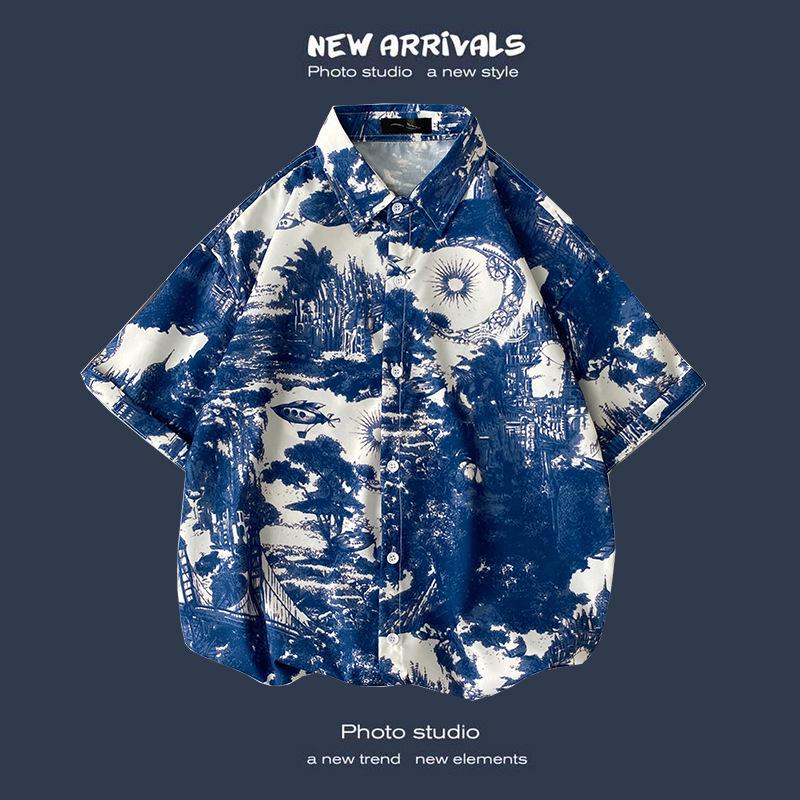 Letnia Koreańska Retro Kwiatowa Para Luźna Koszula z Krótkim Rękawem - Męski Modny Styl