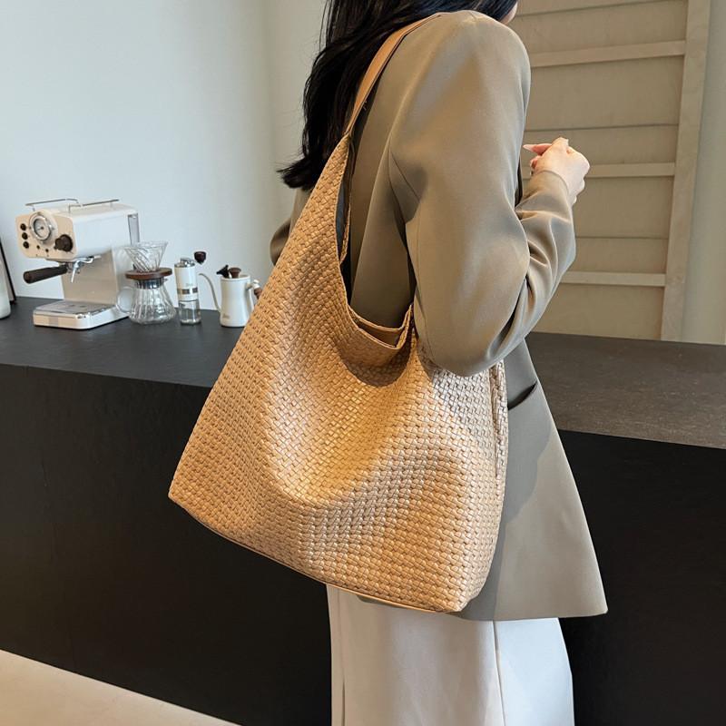 Color Simple Solid Large Capacity Women Casual Woven Tote Bag Commuting For
