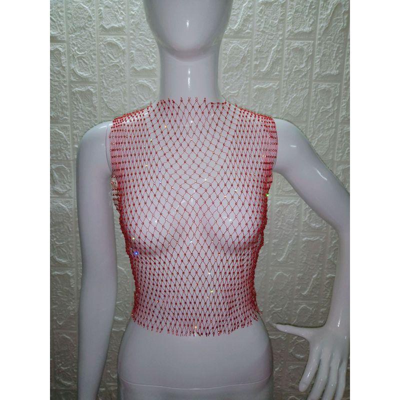 Mesh Rhinestone Top Sleeveless Vest V Neck T-shirt